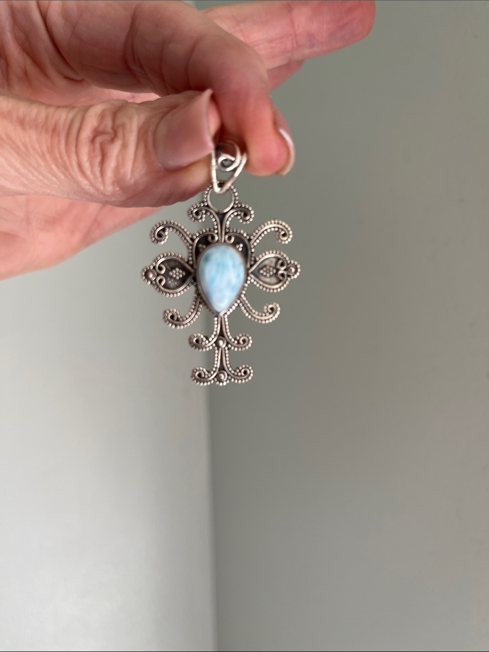 Sterling Silver Filigree Pendant with Light Blue Stone